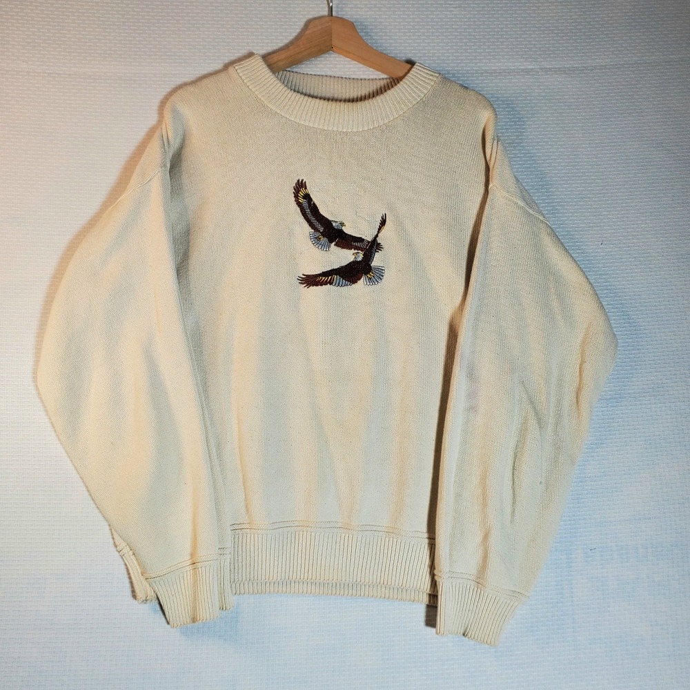 Vintage Winona Knits Mens Large Embroidered Eagle Cotton Sweater Cream USA Made
